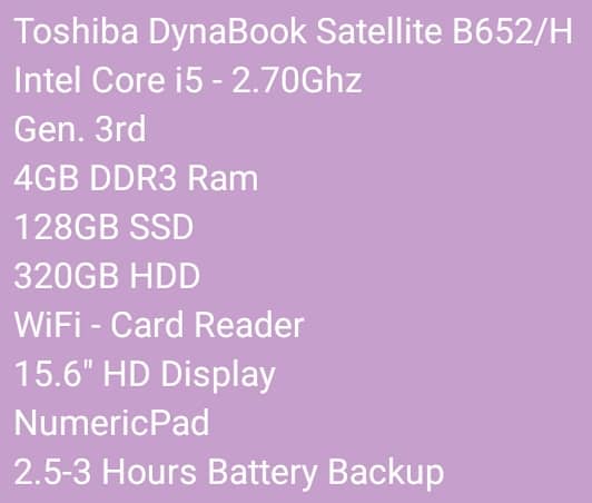 TOSHIBA DYNABOOK SATELLITE B652/H CORE i5 GEN. 3rd 4GB RAM DUAL SSD+HD 4
