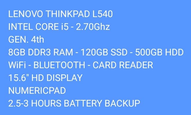 LENOVO THINKPAD L540 CORE i5 GEN. 4th 8GB DDR3 RAM DUAL SSD + HDD 9