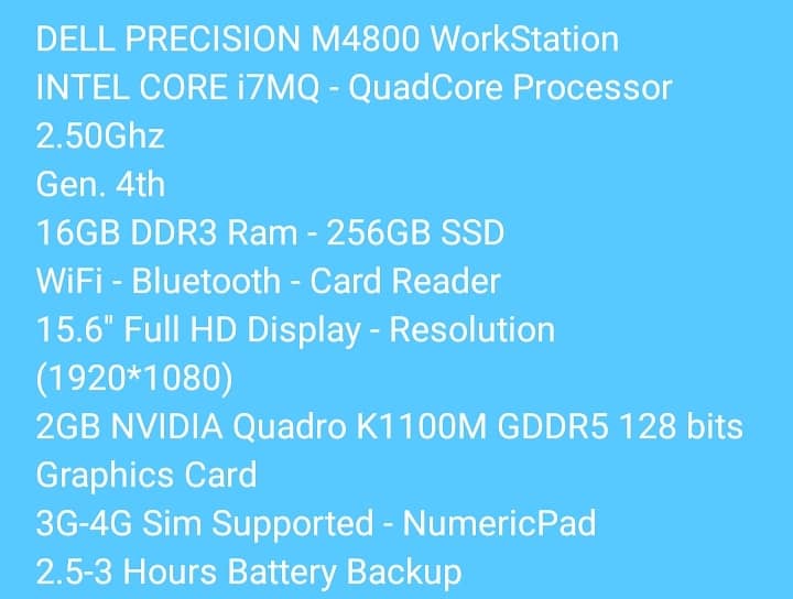 DELL PRECISION M4800 CORE i7MQ GEN. 4th 16GB RAM 256GB SSD 2GB NVIDIA 9