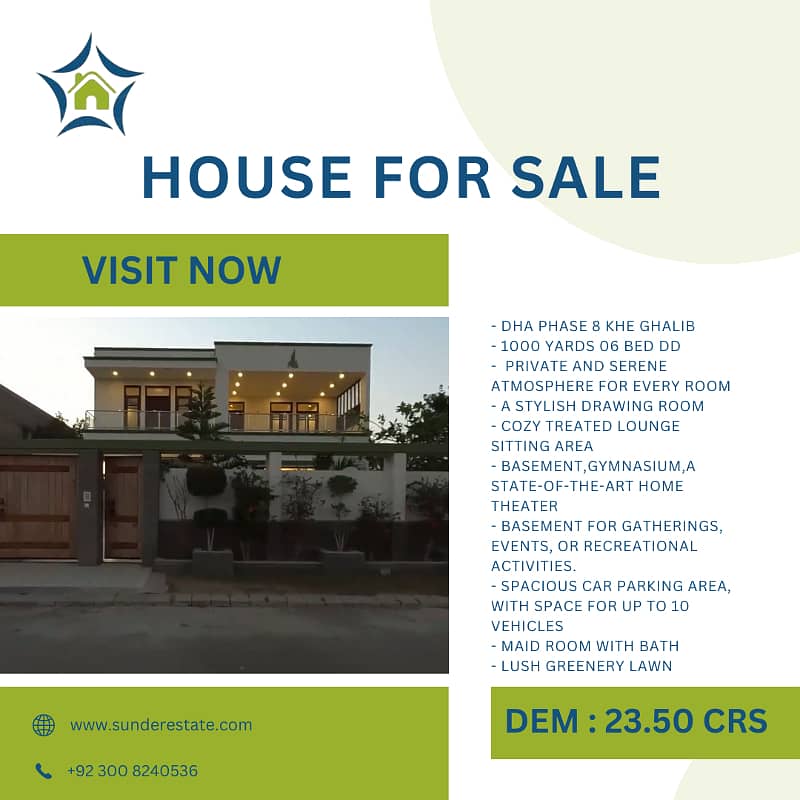 Dha Ph 8 Khe Ghalib | Architectural Marvel 1000 Yards 06 Bed House | Cosy Retreat Dining Room | Basement,Gymnasium,A State-Of-The-Art Home Theater | 10 Vehicle Parking | Servant Quaeter | Lush Greenery Lawn | 0