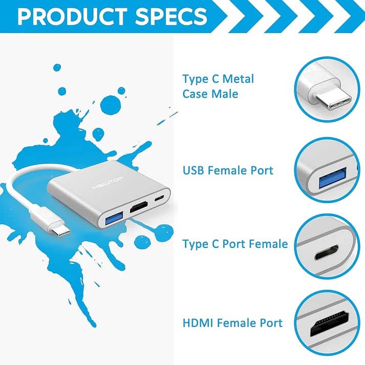Adapter 3-in-1 Hub Multiport Type-C, HDMI Ports 4K, USB, PD 60W, USB C 4