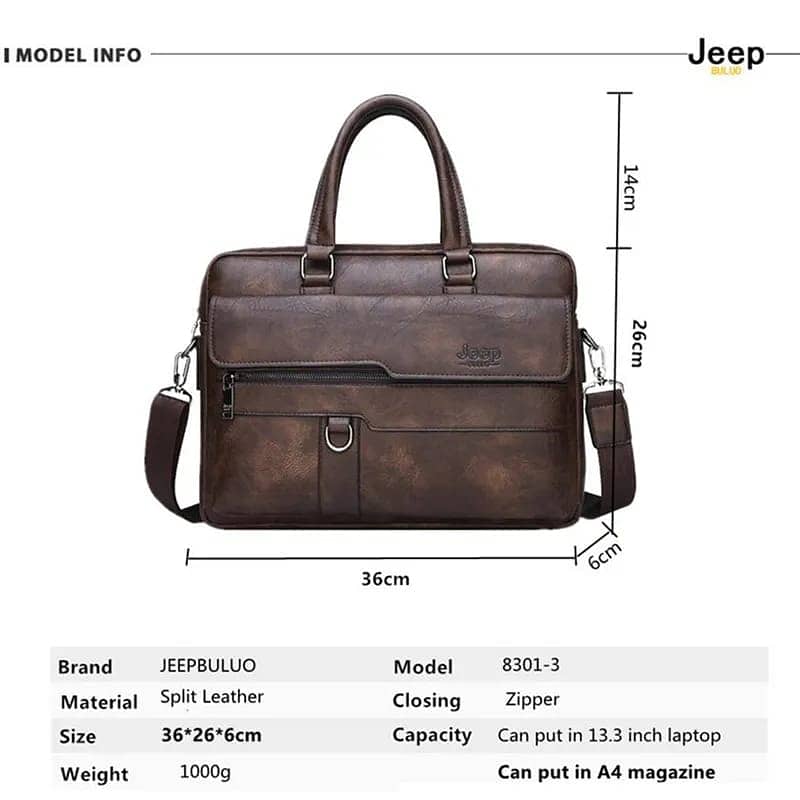 JEEP Men's Business Handbag Large Capacity Leather Briefcase Bags For 18