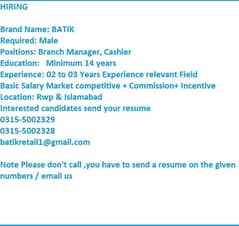 Manager's and Cashier required for retail brand