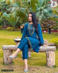 2 Pcs Woman's Stitched Linen Embroidered Suit