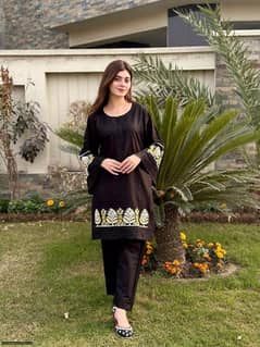 2 Pcs Woman's Stitched cotton Embroidered shirt and trouser