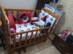 Wooden baby cot with bedding 9/10 condition