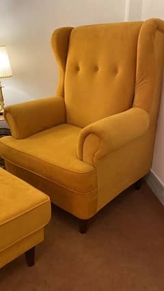 IKEA inspired Yellow wing chair with foot rest