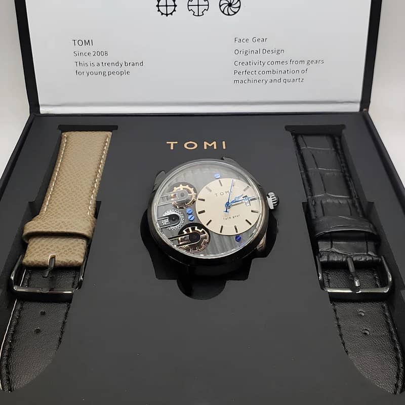 TOMI T-106 Face Gear Dual leather Strap Watch High Quality Premium Wat 6