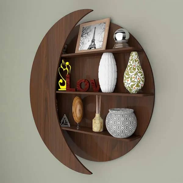 Moon Shape Designer Wooden Wall Shelf / Book Shelf, Walnut Finish 0