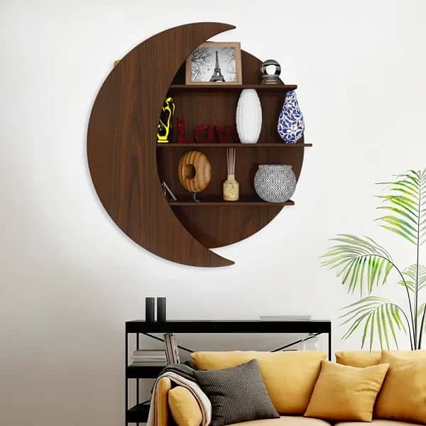 Moon Shape Designer Wooden Wall Shelf / Book Shelf, Walnut Finish 1