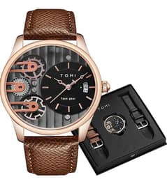 TOMI T-106 Face Gear Dual leather Strap Luxury Watch