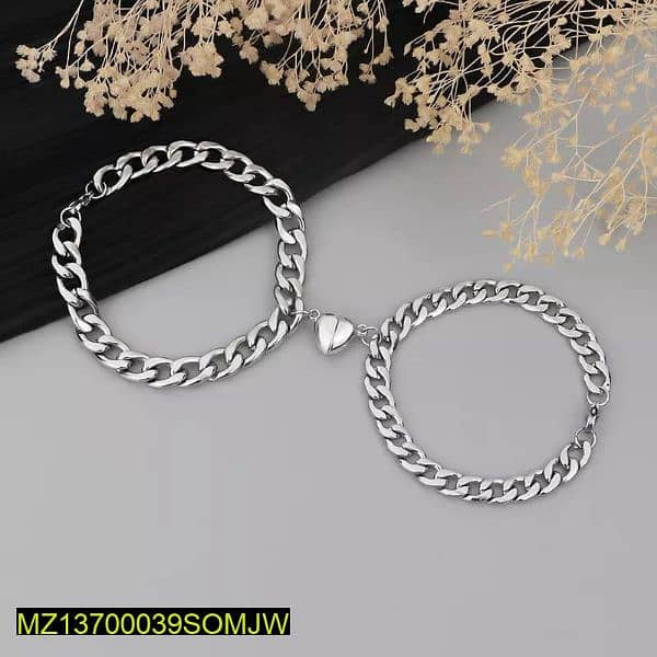 2 Pcs Alloy Silver Plated Magnet Heart Design Couple's Bracelet 1