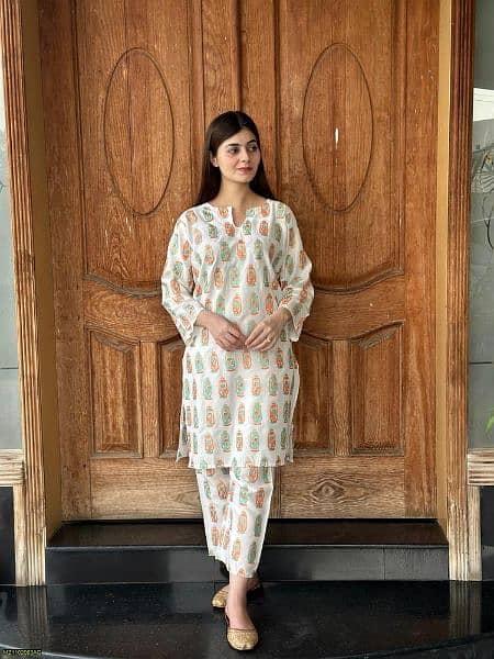2 pcs humans stitched arabic lawn  printed shirt and trouser-white 4