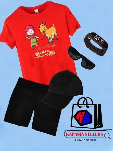 Bakra eid
*5 in 1* deal for kids 
*Tshirt +short+watch+cap+glasses* 0