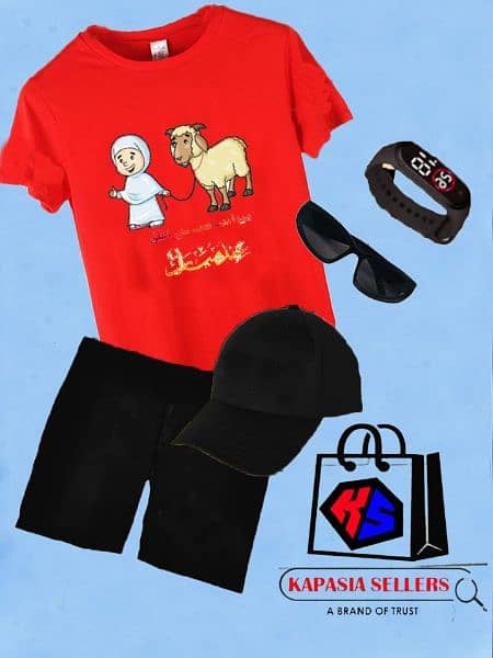 Bakra eid
*5 in 1* deal for kids 
*Tshirt +short+watch+cap+glasses* 2