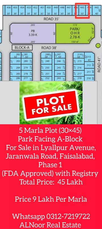 5 Marla Plot (3045) Park Facing A-Block Available For Sale in Lyallpur Avenue, Jaranwala Road, Faisalabad, Phase 1 (FDA Approved) with Registry 1