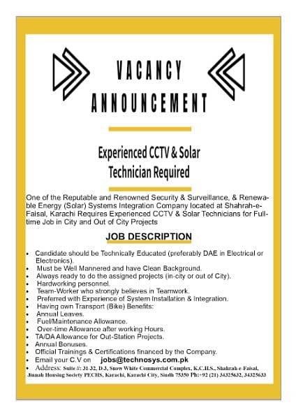 Jobs for CCTV & Solar Technicians 0