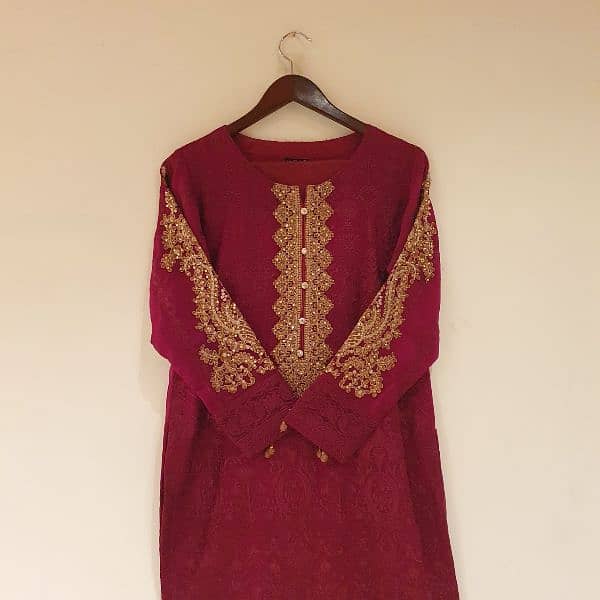 Elegant 3pc Chiffon Outfit in deep maroon color, perfect for festives 1