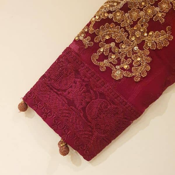 Elegant 3pc Chiffon Outfit in deep maroon color, perfect for festives 4