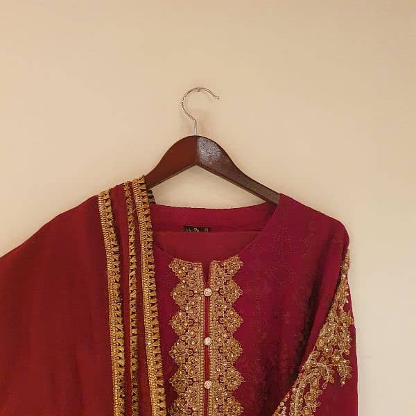 Elegant 3pc Chiffon Outfit in deep maroon color, perfect for festives 5