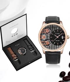 TOMI T-106 Face Gear Dual leather Strap Luxury Watch High Quality Prem