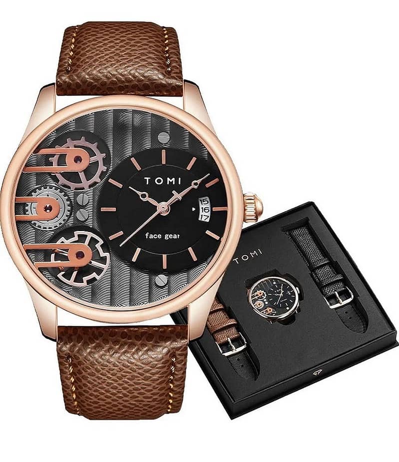 TOMI T-106 Face Gear Dual leather Strap Luxury Watch High Quality Prem 3