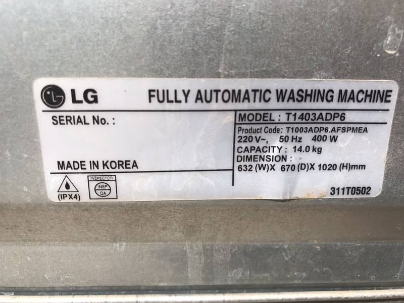 LG fully automatic imported DDinvertor washing capacity 14kG 3