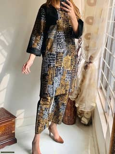 2pcs woman's stitched linen block printed shirt and trouser