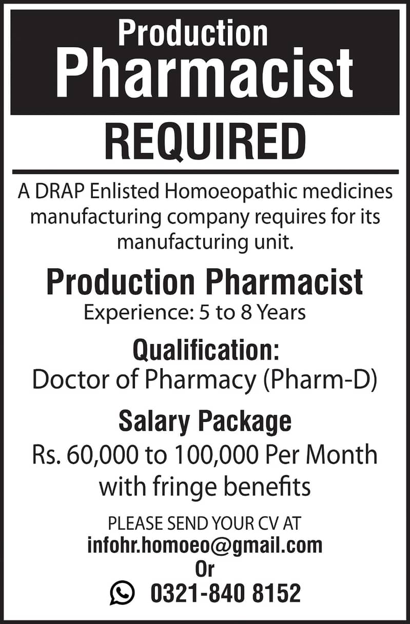Production Pharmacist Required for Manufacturing Unit 0
