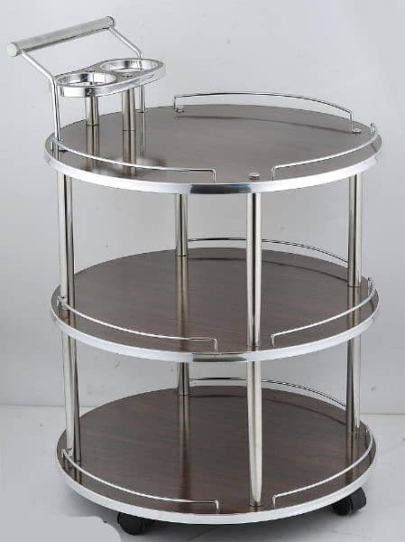 fancy wooden serving trolley with wheels in multiple colours. 1