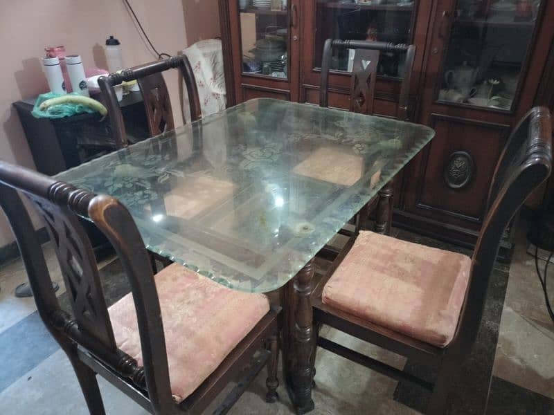wooden frame dinning table with solid glass top with 4 chairs 1