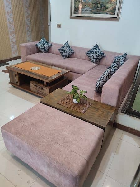 8 Seater L Shape Import Quality Sofa with Attached Table and Ottoman 1