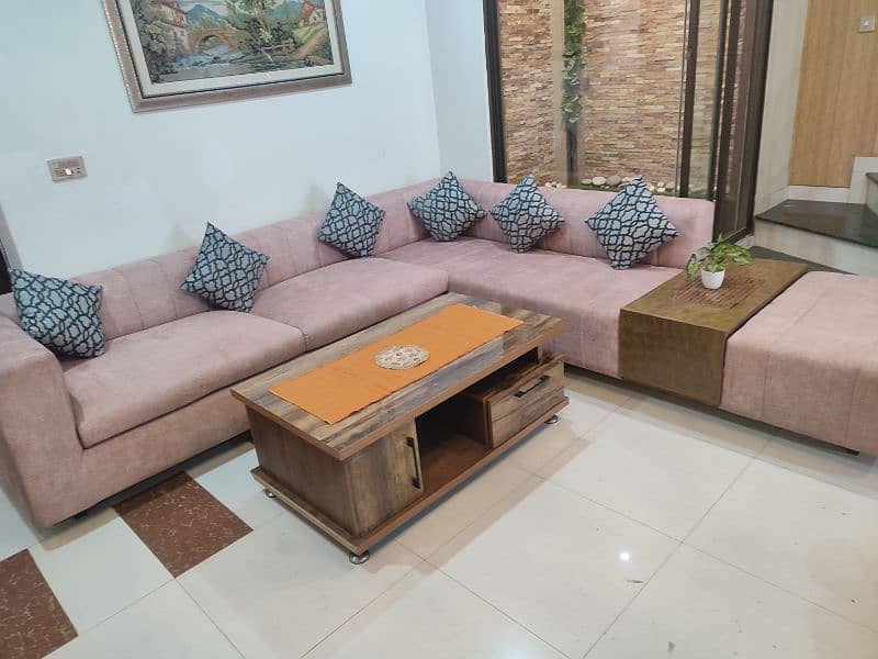 8 Seater L Shape Import Quality Sofa with Attached Table and Ottoman 9