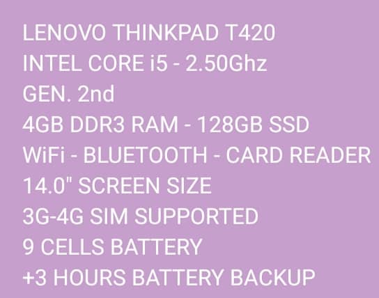 LENOVO THINKPAD T420 CORE i5 GEN. 2nd 4GB RAM 32GB SSD 320GB HDD 5