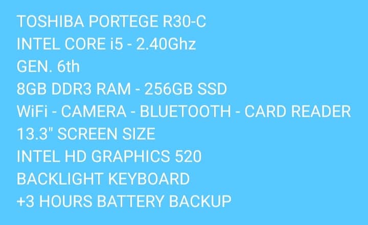 TOSHIBA PORTEGE R30-C CORE i5 GEN. 6th 8GB RAM 256GB SSD BACKLIGHT K. 5