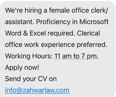Female Office Clerk/Assistant