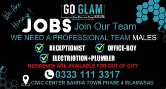 Required: Receptionist,Office boy, Electrician+Plumber