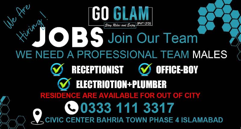 Required: Receptionist,Office boy, Electrician+Plumber 0