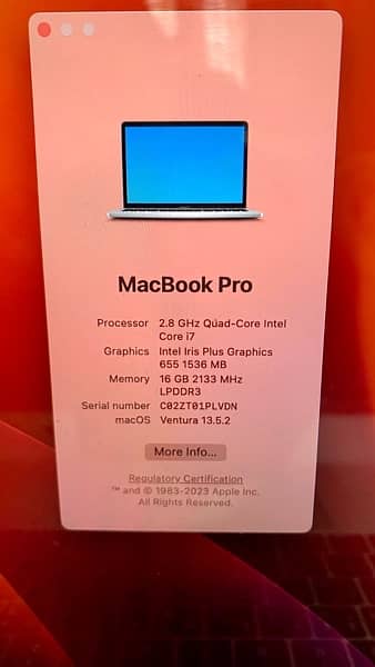 MacBook Pro 2019, 13.3 inch, 16 GB Ram, 256 HD, 2.8 GHZ , Quad Core i7 6