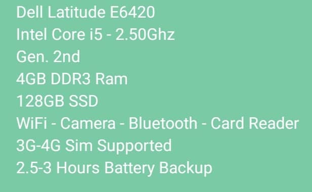 DELL LATITUDE E6420 CORE i5-2.50Ghz GEN. 2nd 4GB DDR3 RAM 128GB SSD 5