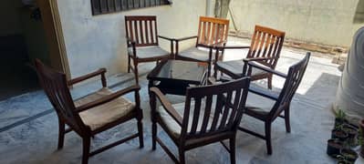 Brown Wooden Chairs Set Of SIx Seater,With Square Glass Top Table 0
