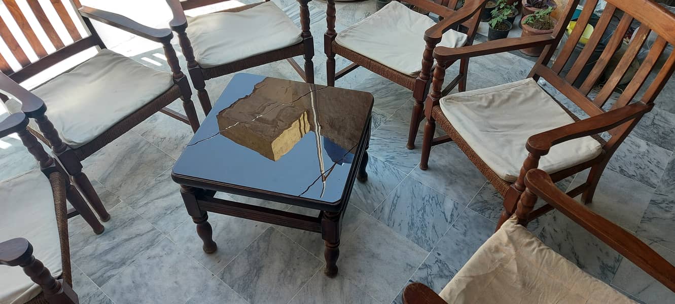 Brown Wooden Chairs Set Of SIx Seater,With Square Glass Top Table 2