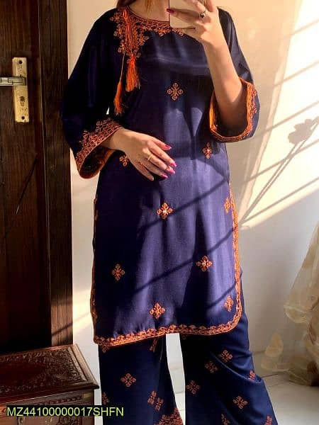 2 Pcs Women's Stiched lawn Embroidered shirt and Trouser -Dark blue 3