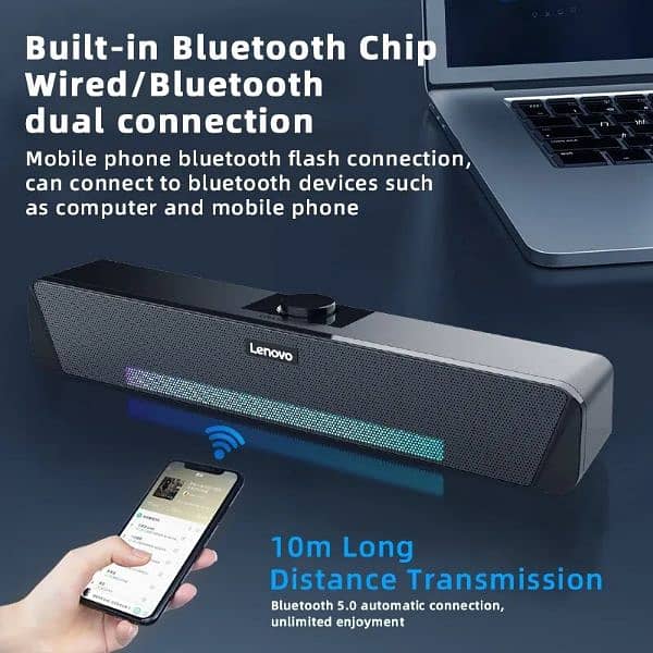 Original Lenovo USB powered Bluetooth Wired Sound Bar Audio Desktop 4