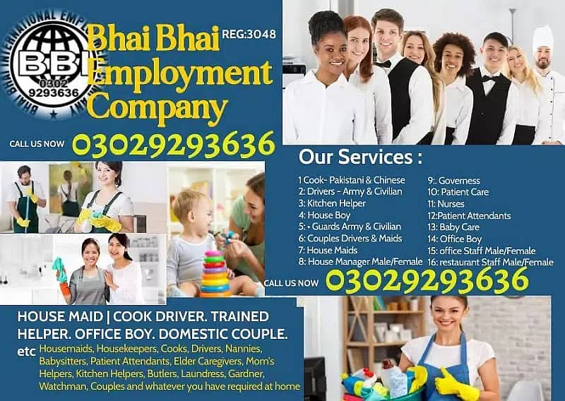House maids , Maids , Baby Sitter , Chef , Cook , Patient Care ,Nurse 1
