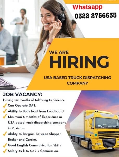 We are Hiring Truck Dispatcher / Sale Agent (USA Campaign) Experienced 0