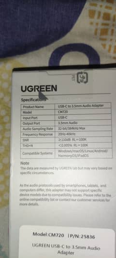 Ugreen usb-c to 3.5 mm audio adapter (splitter) 32-bit/384 khz