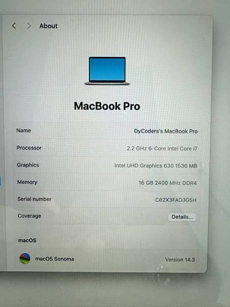 MAC 2018 core i7 16GB RAM 256GB memory 4