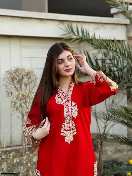 2 Pcs Women's Stitched Cotton Embroidered Shirt And Trouser 4