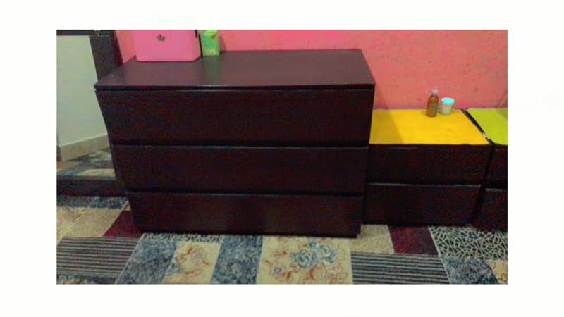 wooden bed 2 side table and drssing 3